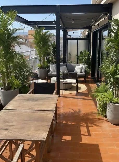 Просторная терраса пентхауса с обеденной зоной и растениями