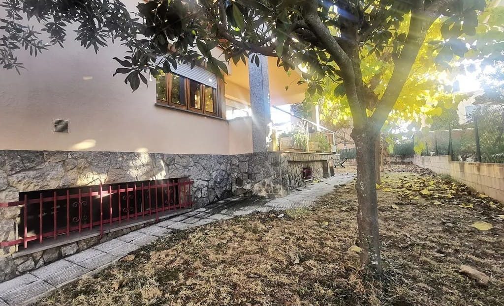 Вид на боковой участок дома с деревом и садовой территорией