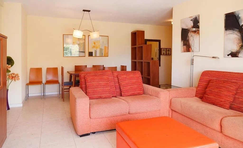 Просторная гостиная с диваном и обеденной зоной.