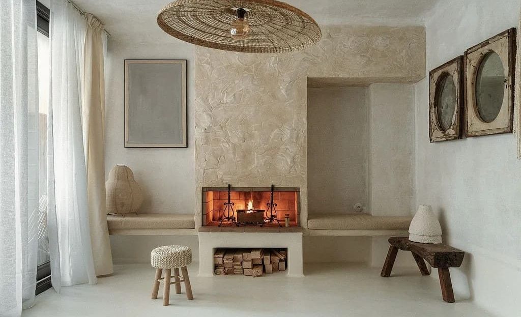 Гостиная с декоративным камином и авторским интерьером