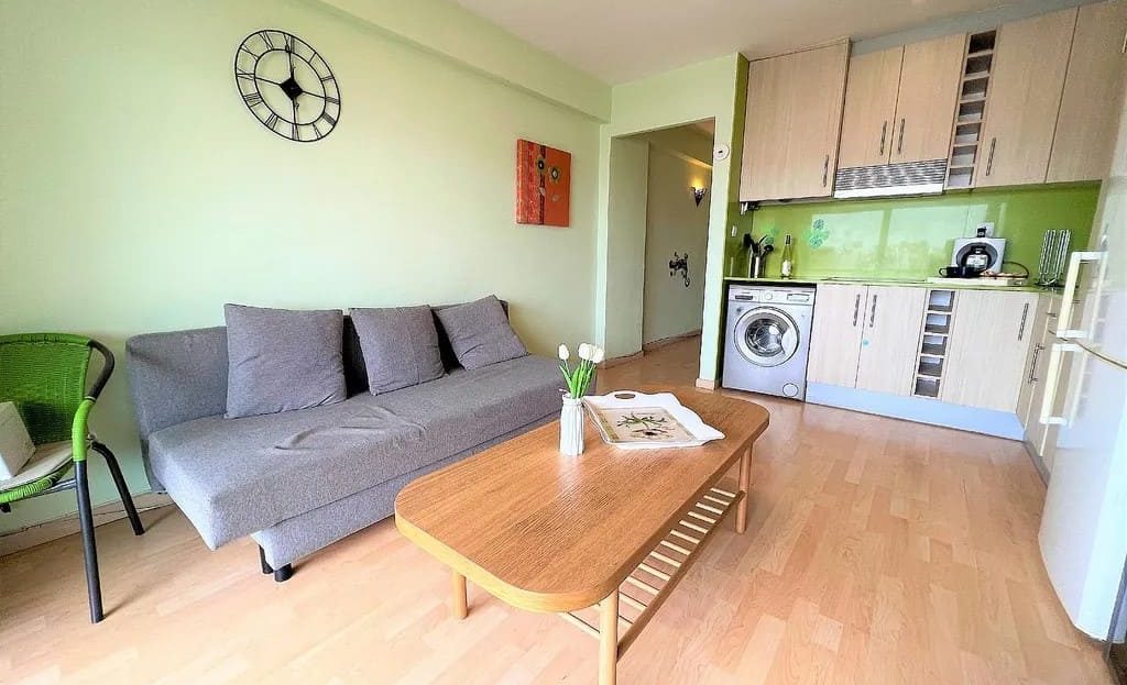 Гостиная с диваном, обеденным столом и кухней открытой планировки