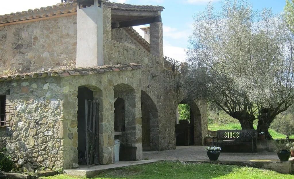 Каменная веранда и сад с большими оливковыми деревьями