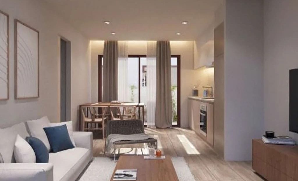 Современный интерьер гостиной в новой квартире с открытой планировкой