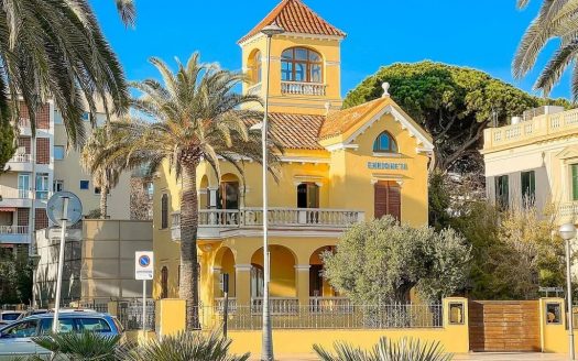 Фасад исторической виллы с пальмами напротив моря