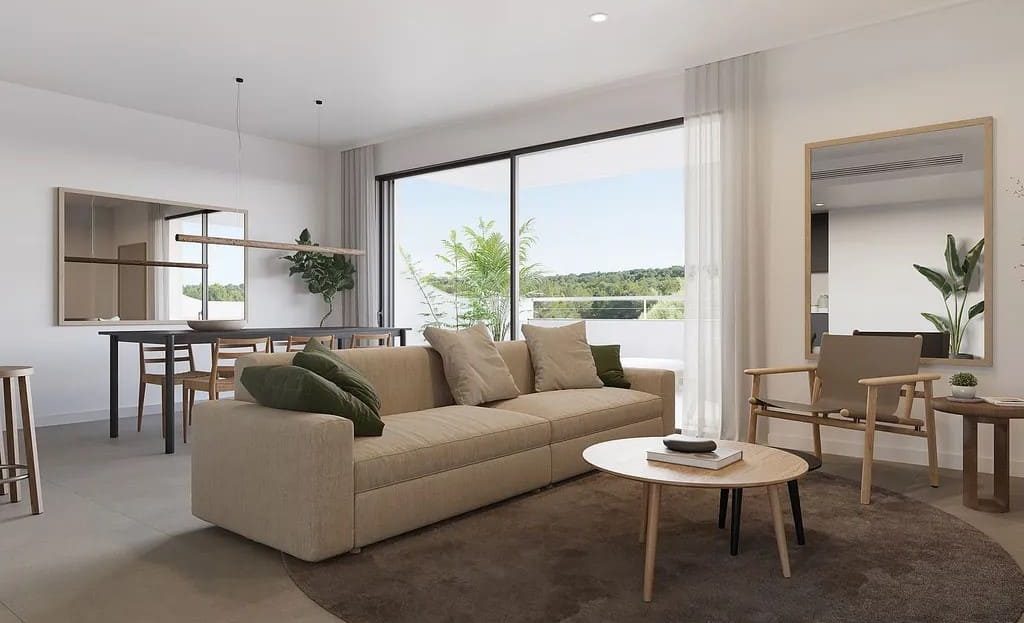 Просторная гостиная-столовая с панорамным окном и современным интерьером.