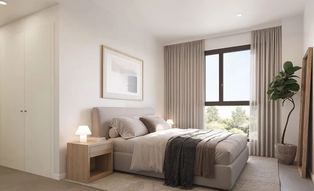 Спальня с двуспальной кроватью и встроенными шкафами в комплексе INFINITUM.