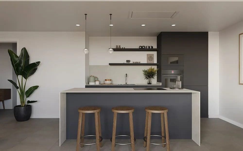 Современная кухня открытого типа в апартаментах INFINITUM.