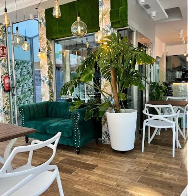 Современный зал ресторана с растениями и дизайнерской мебелью