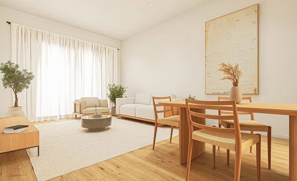 Светлая гостиная-столовая с большими окнами и натуральной отделкой.