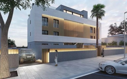 Современный жилой комплекс с бассейном и парковкой, вид с улицы