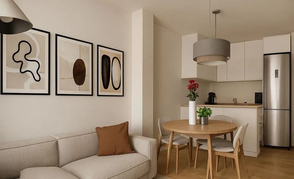 Гостиная-столовая с кухней открытой планировки после ремонта, центр Кастельдефельса.