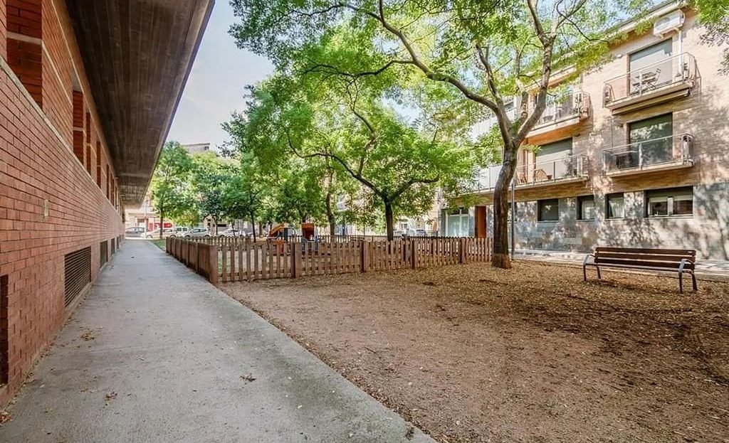 Дворовая зона с деревьями и фасадом жилого здания