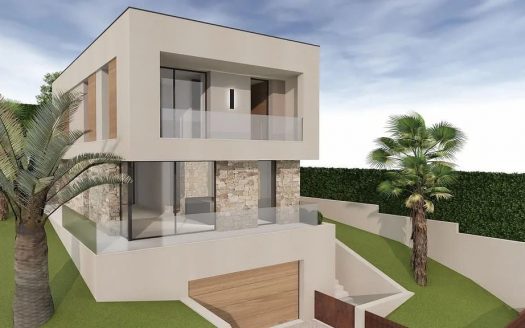 Современный фасад нового дома с террасой и гаражом.