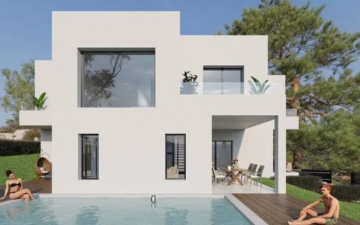 Современный двухэтажный дом с бассейном и террасой.