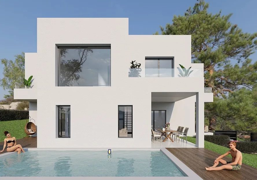 Современный двухэтажный дом с бассейном и террасой.