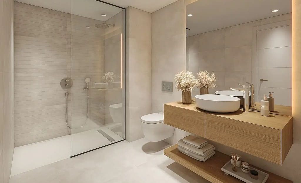 Современная ванная комната с душевой кабиной и отделкой высокого качества.