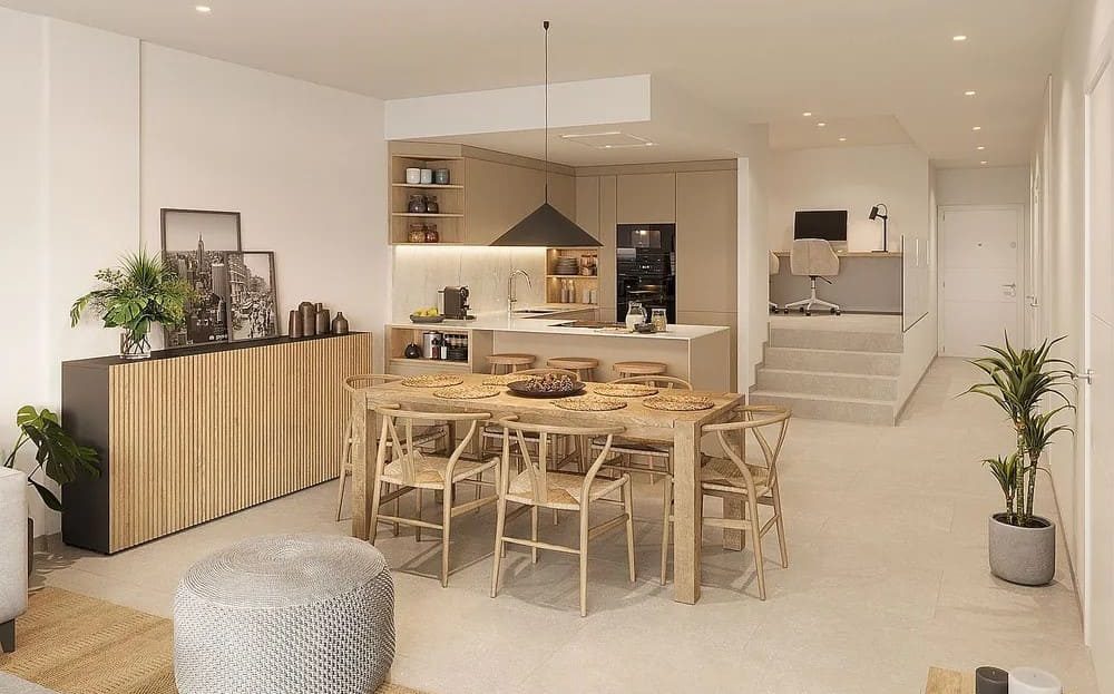 Гостиная-столовая в современном стиле с выходом на террасу.