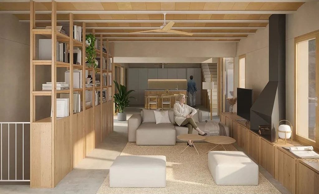 Гостиная дома в тёплых тонах с деревянными элементами