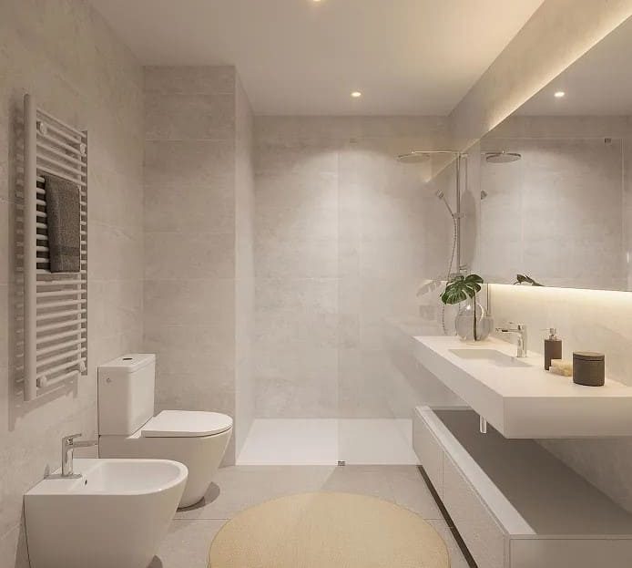 Ванная комната с душевой кабиной, биде и современной отделкой