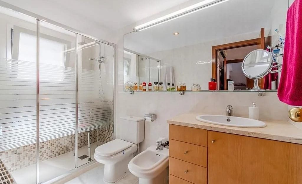 Большая ванная комната с раковиной, биде и душевой.