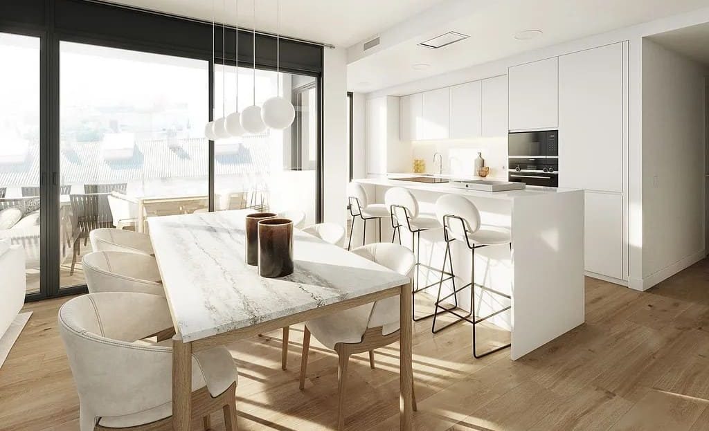 Современная кухня открытой планировки с выходом на террасу.