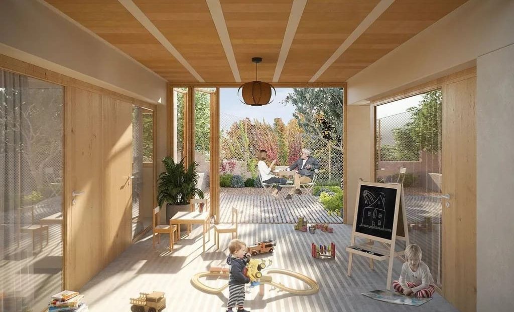 Терраса с деревянным потолком и видом на сад