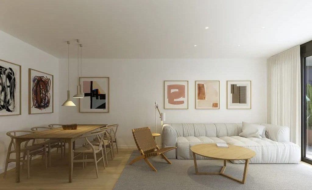 Гостиная-столовая в тёплых тонах с современным декором