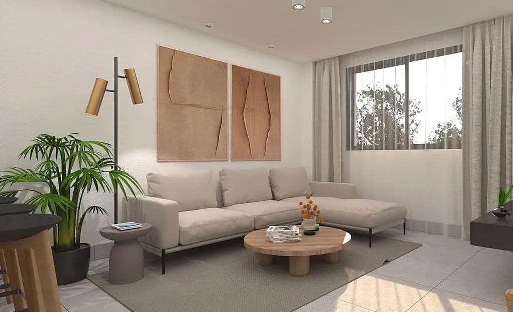 Визуализация гостиной новой квартиры с большим окном и современным интерьером.