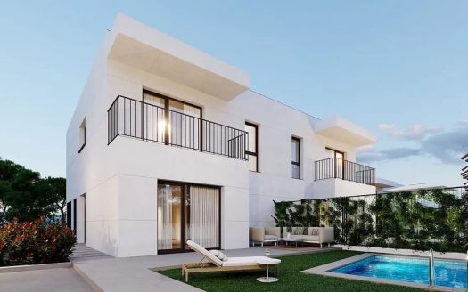 Визуализация современного таунхауса с садом и частным бассейном.