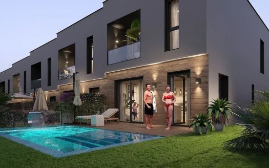 Современный таунхаус с частным бассейном и подсветкой, вечерний вид