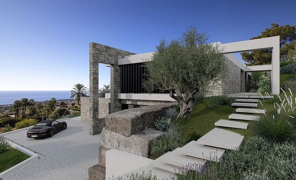 Современная вилла с террасами и ландшафтным садом, вид со стороны подъезда