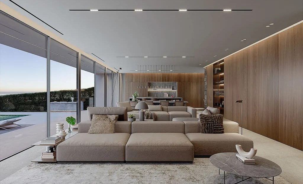 Просторная гостиная с видом на сад и бассейн, визуализация интерьера.