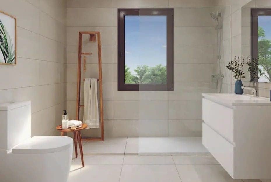 Визуализация современной ванной комнаты с душевой.