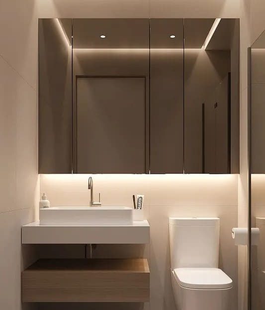 Санузел с умывальником, зеркалом и встроенным освещением