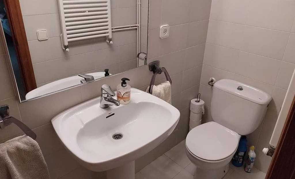 Ванная комната с раковиной, зеркалом и туалетом.