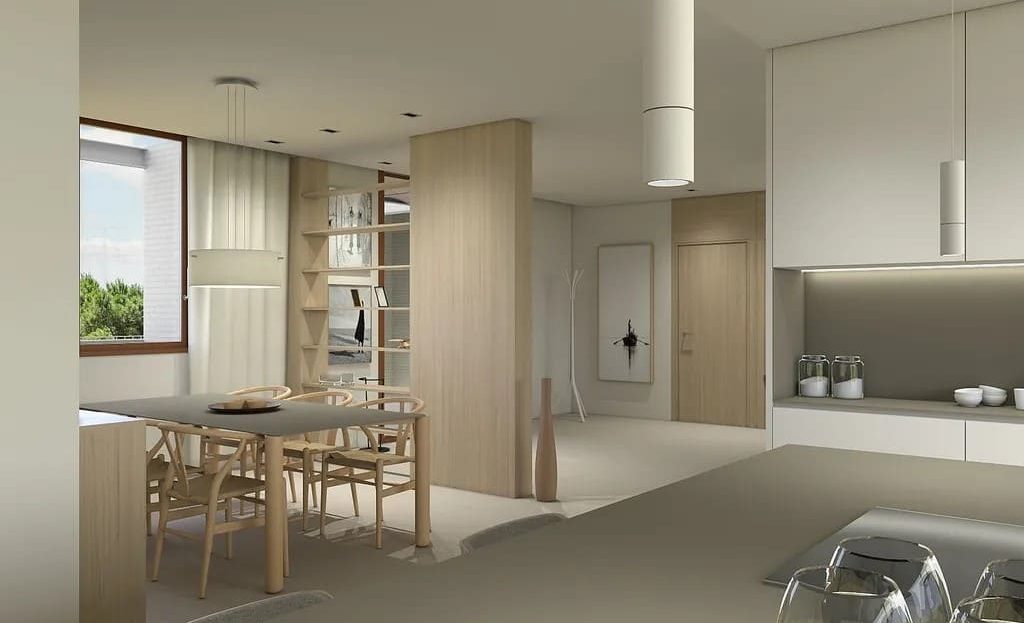 Кухня и обеденная зона в квартире новостройки с современным дизайном