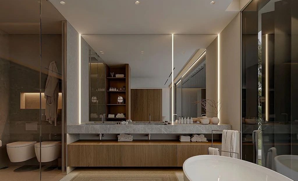 Современная ванная комната с дизайнерской отделкой, визуализация.