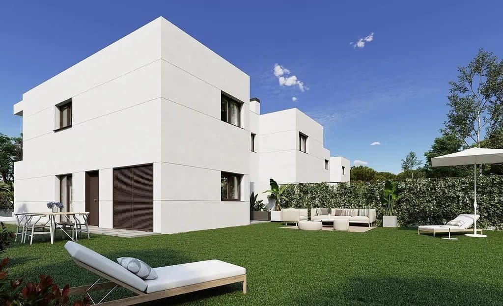 Визуализация фасада таунхауса с садом и шезлонгами.