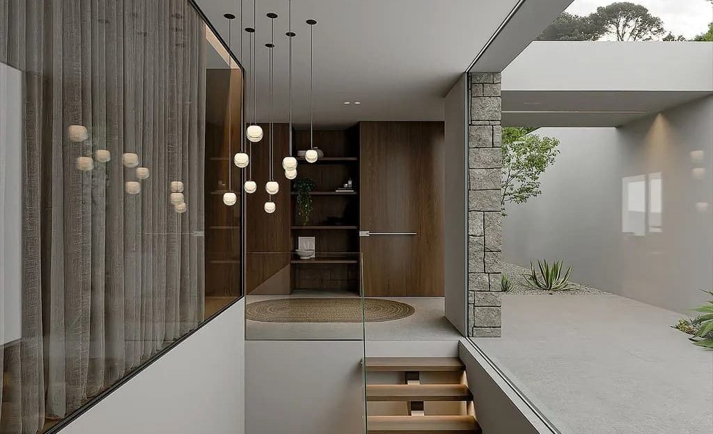 Внутренний холл с лестницей и дизайнерским освещением, визуализация.