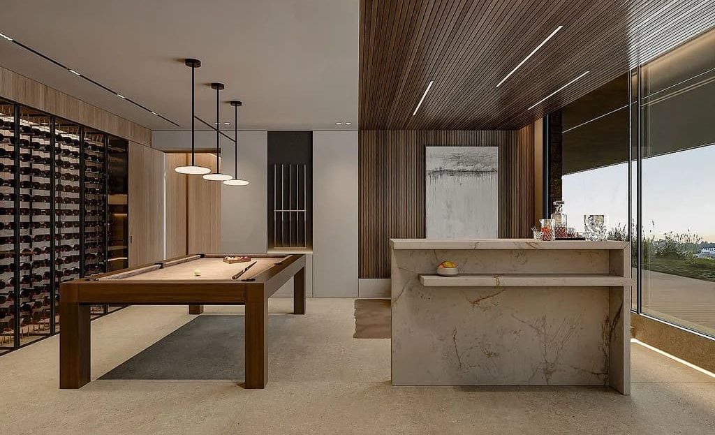 Кухня и столовая зона с натуральными материалами и современным освещением