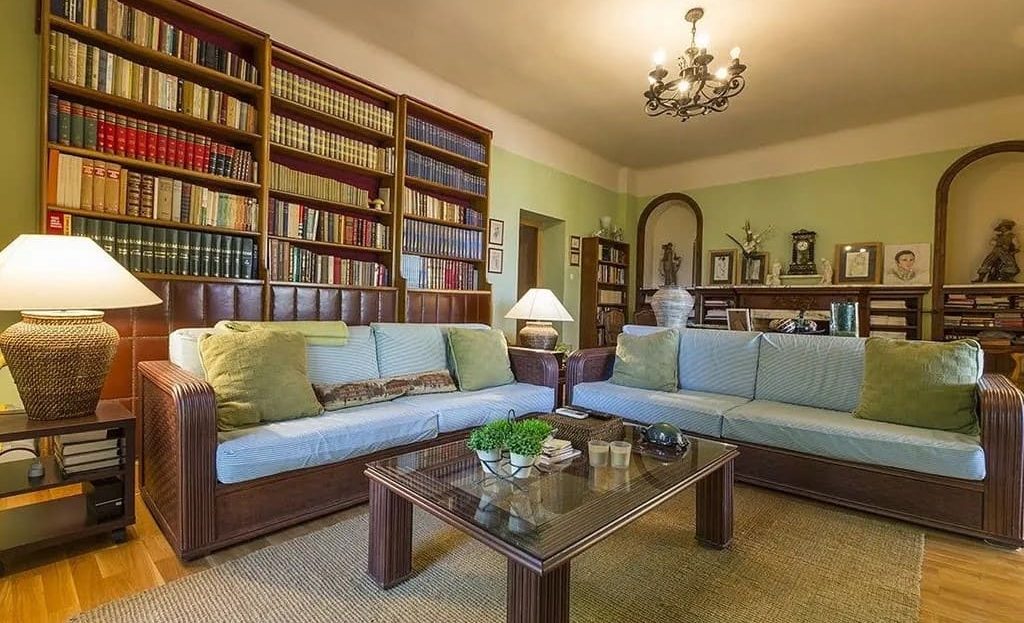 Гостиная-библиотека с книжными шкафами и диванами