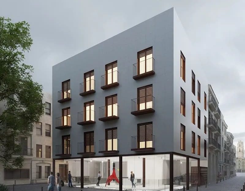 Архитектурный рендер современного здания с коммерческим помещением на первом этаже