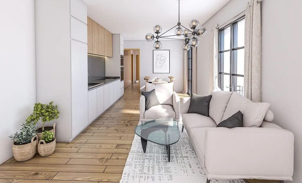 Гостиная зона светлой 3-комнатной квартиры с современным интерьером