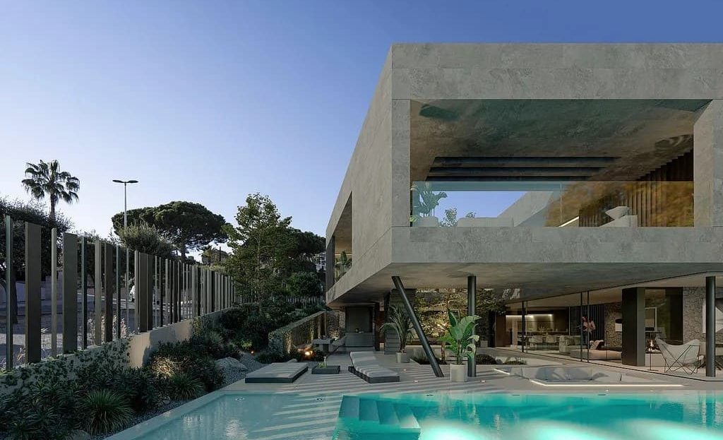 Фасад дизайнерской виллы с инфинити-бассейном и террасой