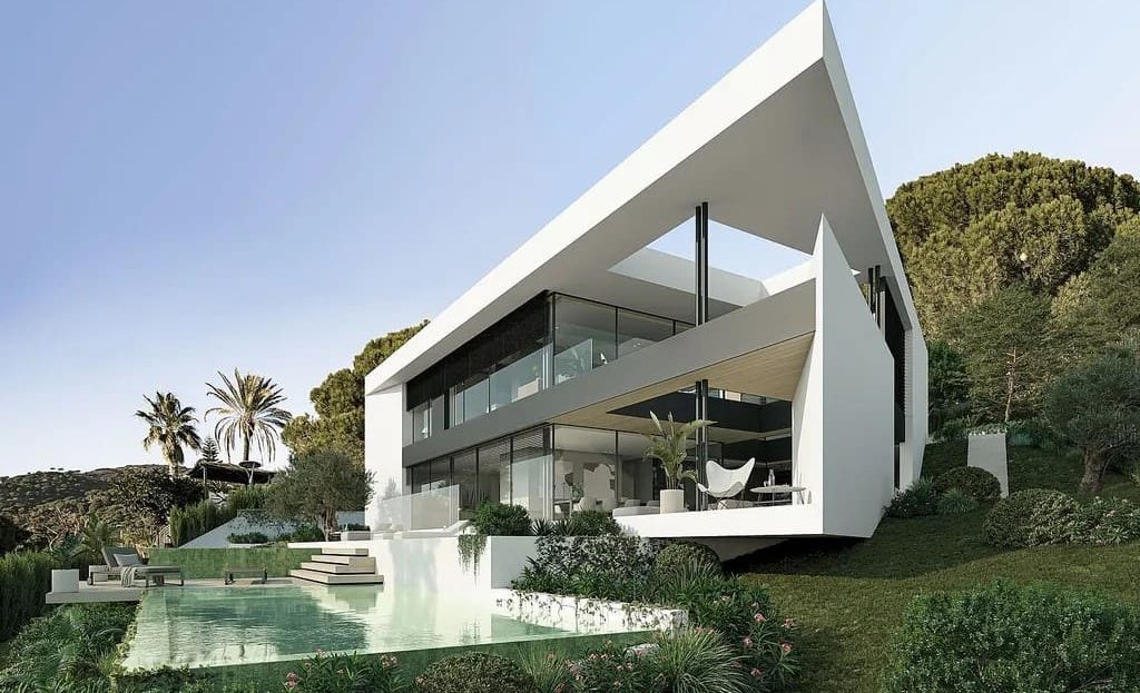 Архитектурный фасад современного дома с панорамным остеклением