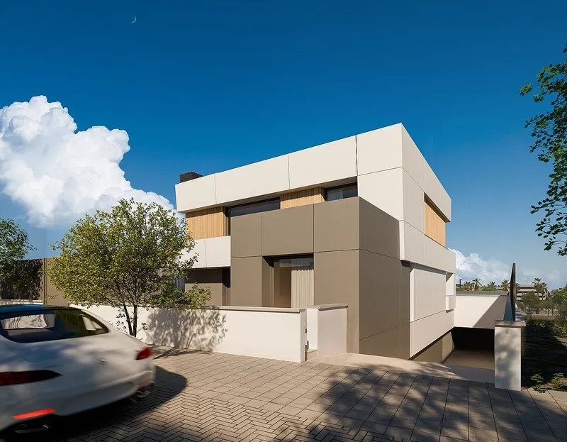 Фасад новой экологичной виллы с подъездом и гаражом, Ситжес