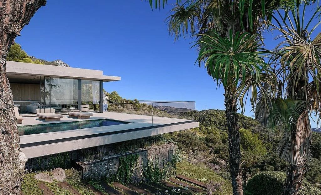 Вилла с панорамным видом и бассейном, интегрированная в природный ландшафт