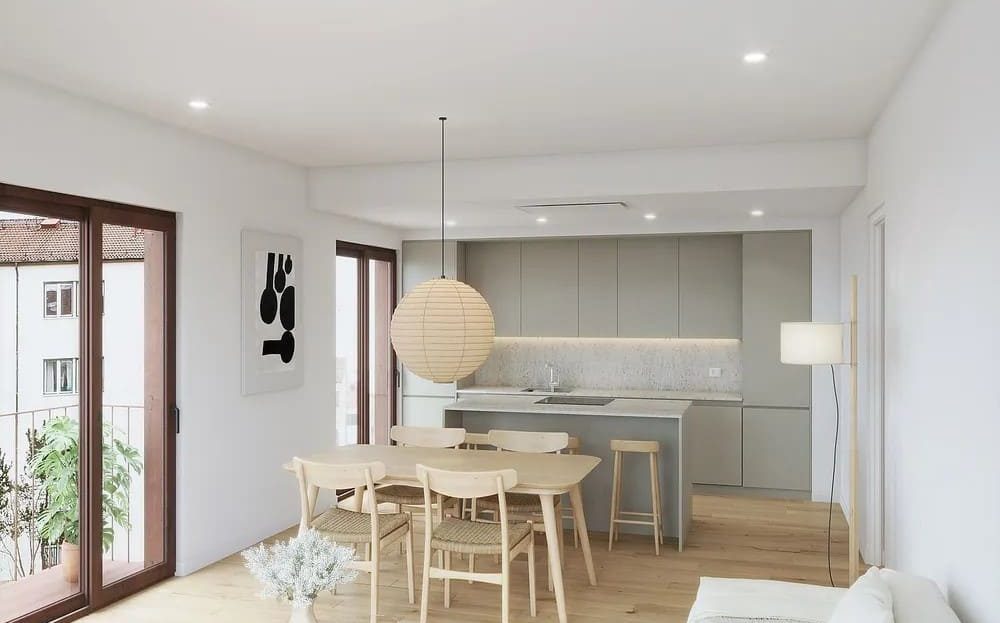 Гостиная с кухней открытой планировки в новой квартире, современный интерьер