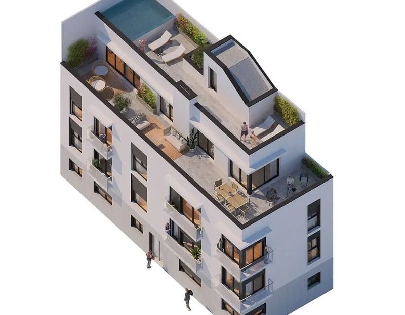 3D-визуализация жилого комплекса с террасами и бассейном на крыше