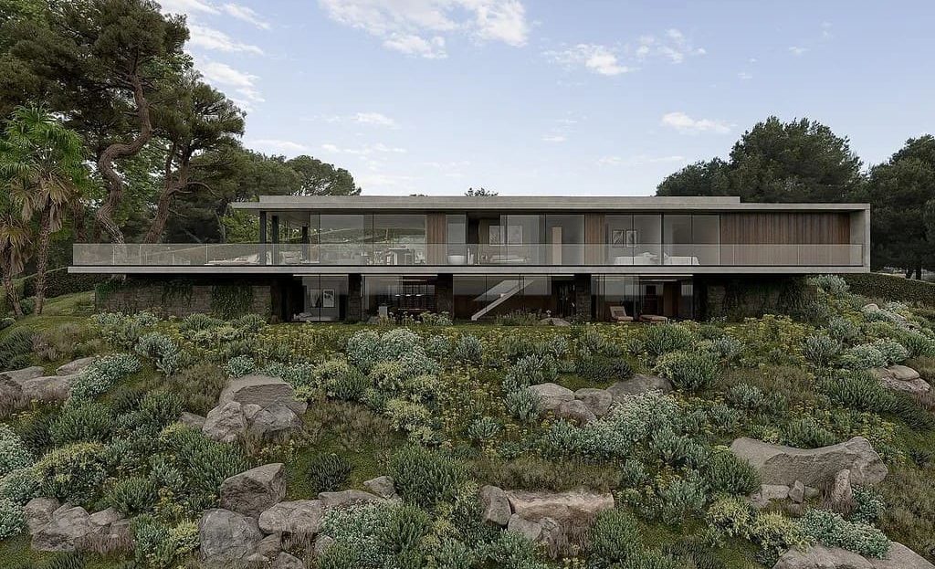 Общий вид дома, интегрированного в природный ландшафт.